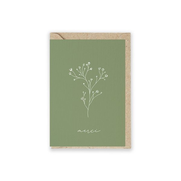 Klappkarte "Merci" grün mit Zweig mit recyceltem Couvert
